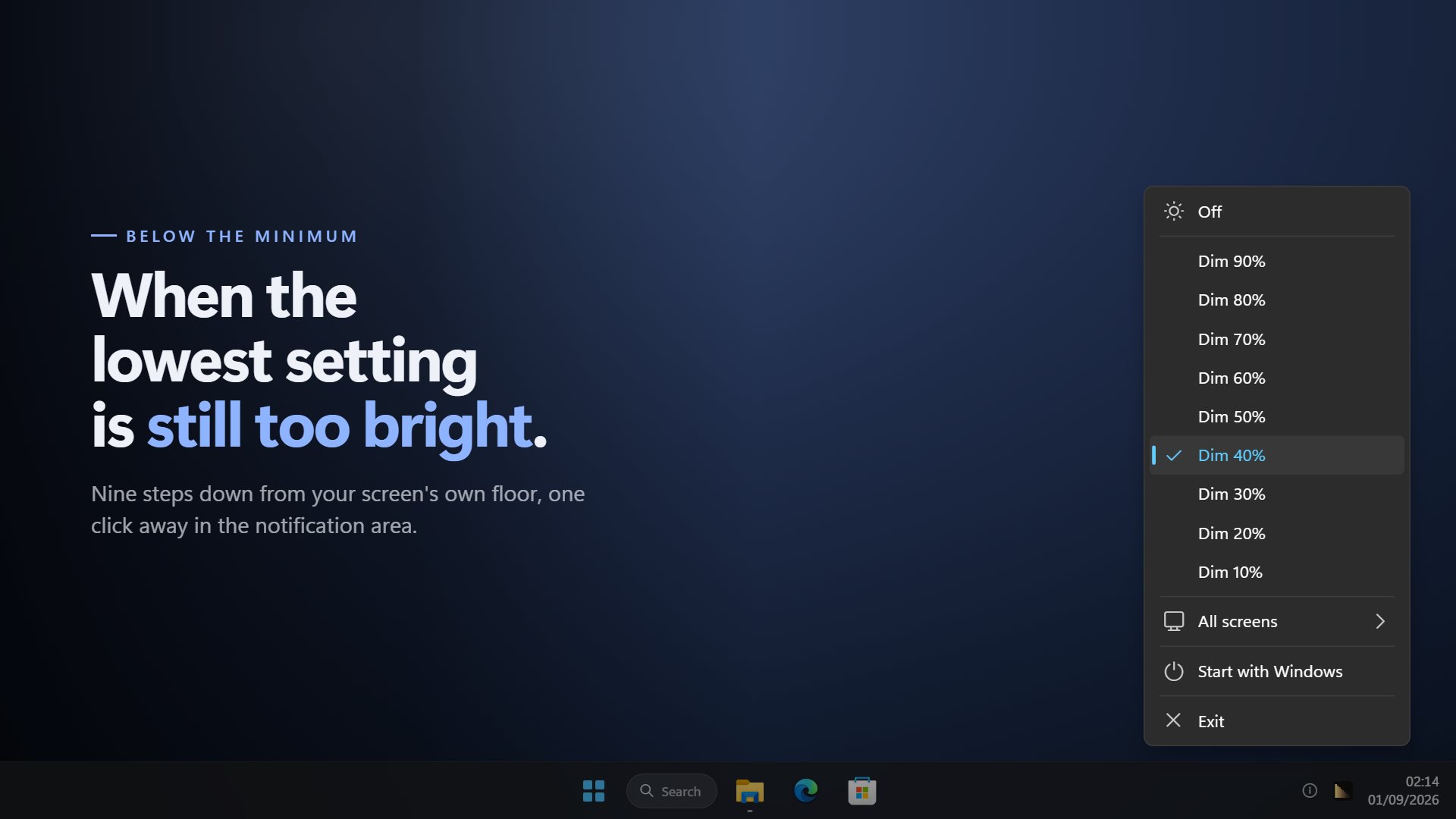 The notification area menu with Off and nine levels from Dim 90% to Dim 10%, set to 40%