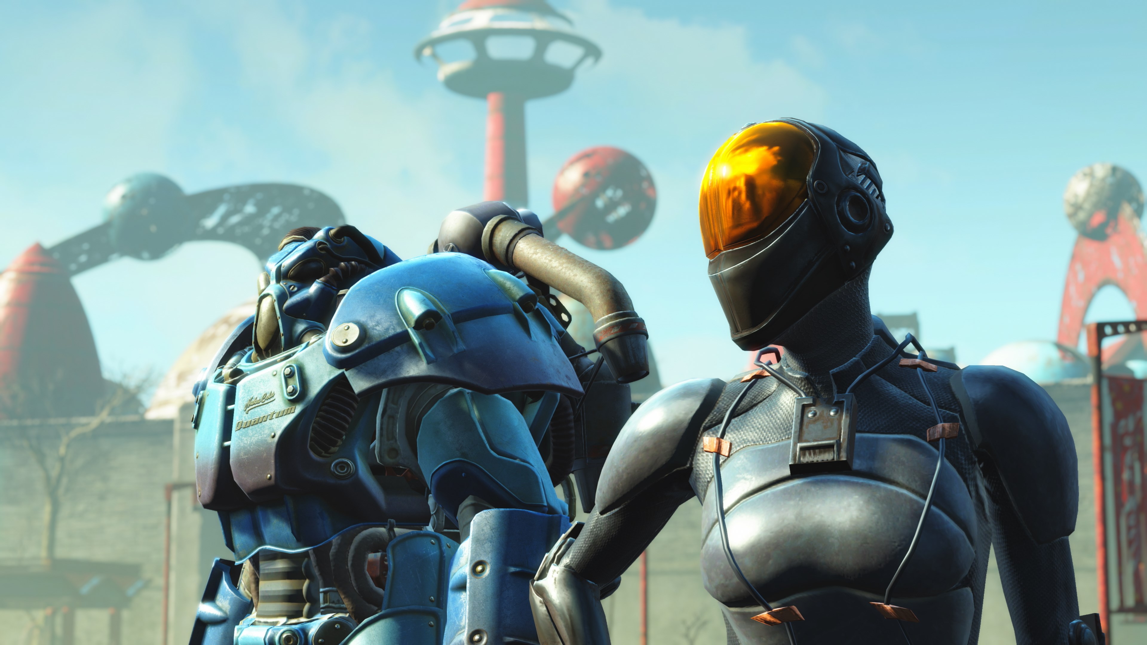 Fallout 4: Anniversary Edition - Two armored characters stand in Creation Item gear. 