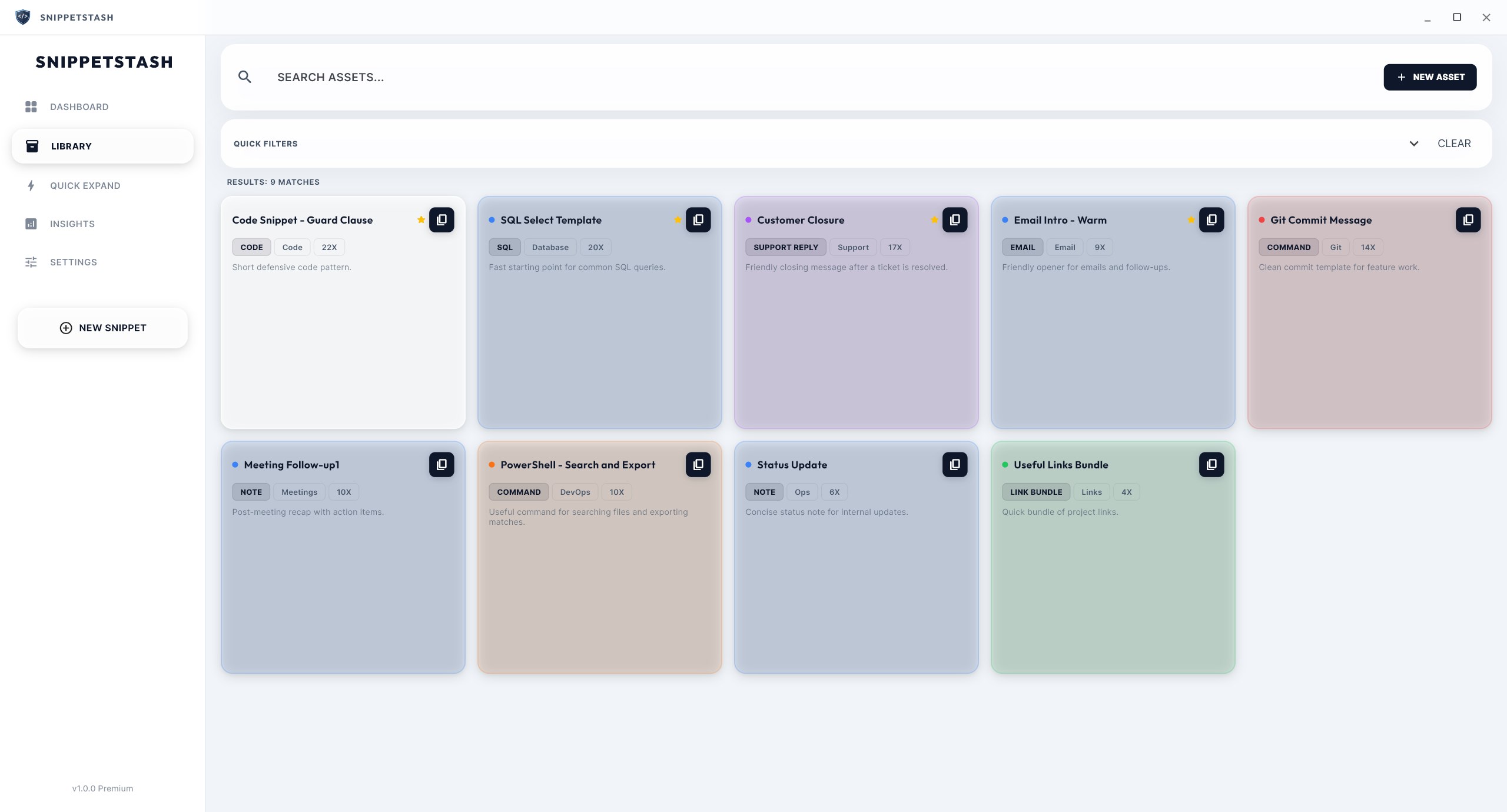 SnippetStash search screen
