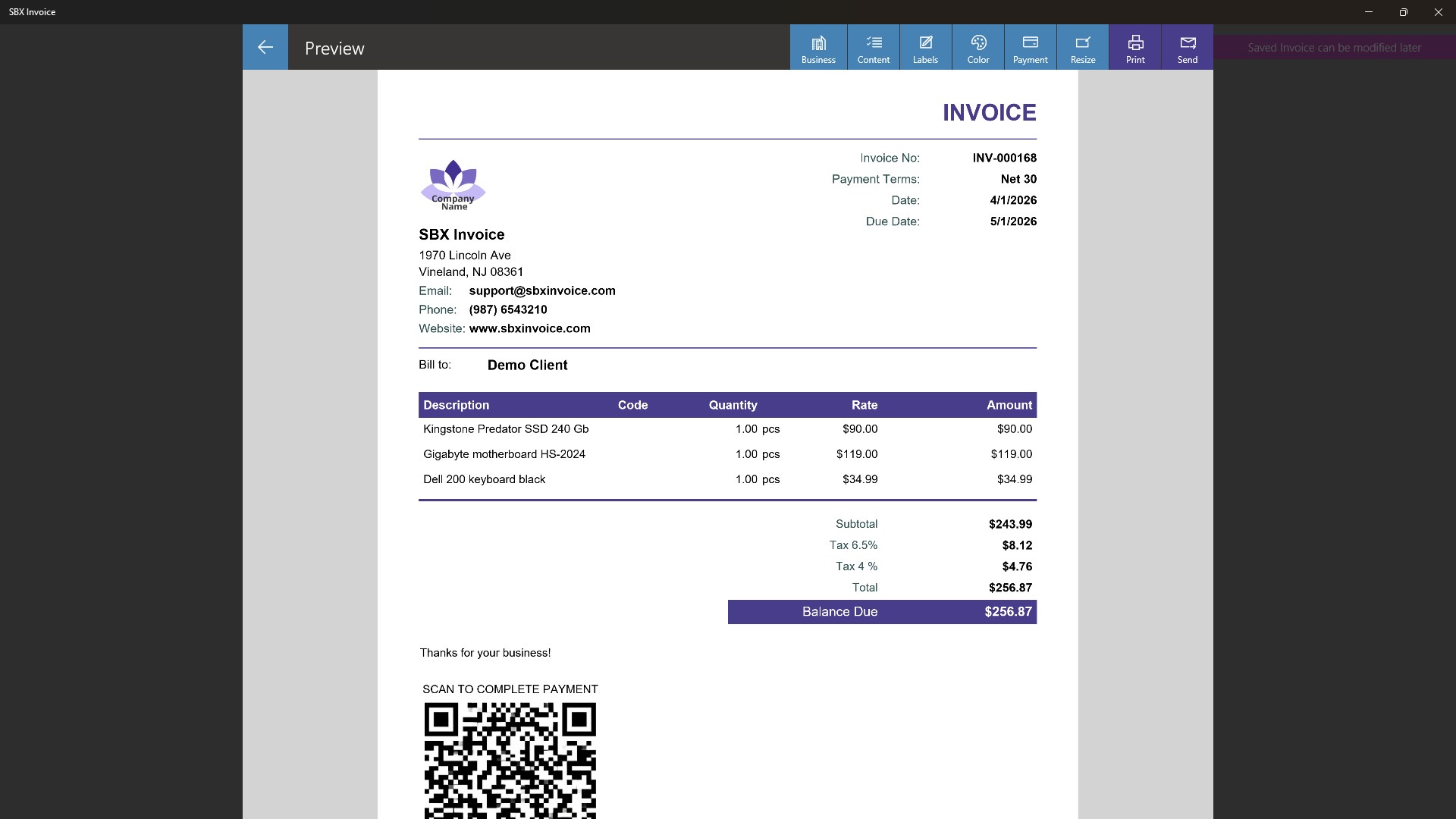 SBX Invoice screenshot