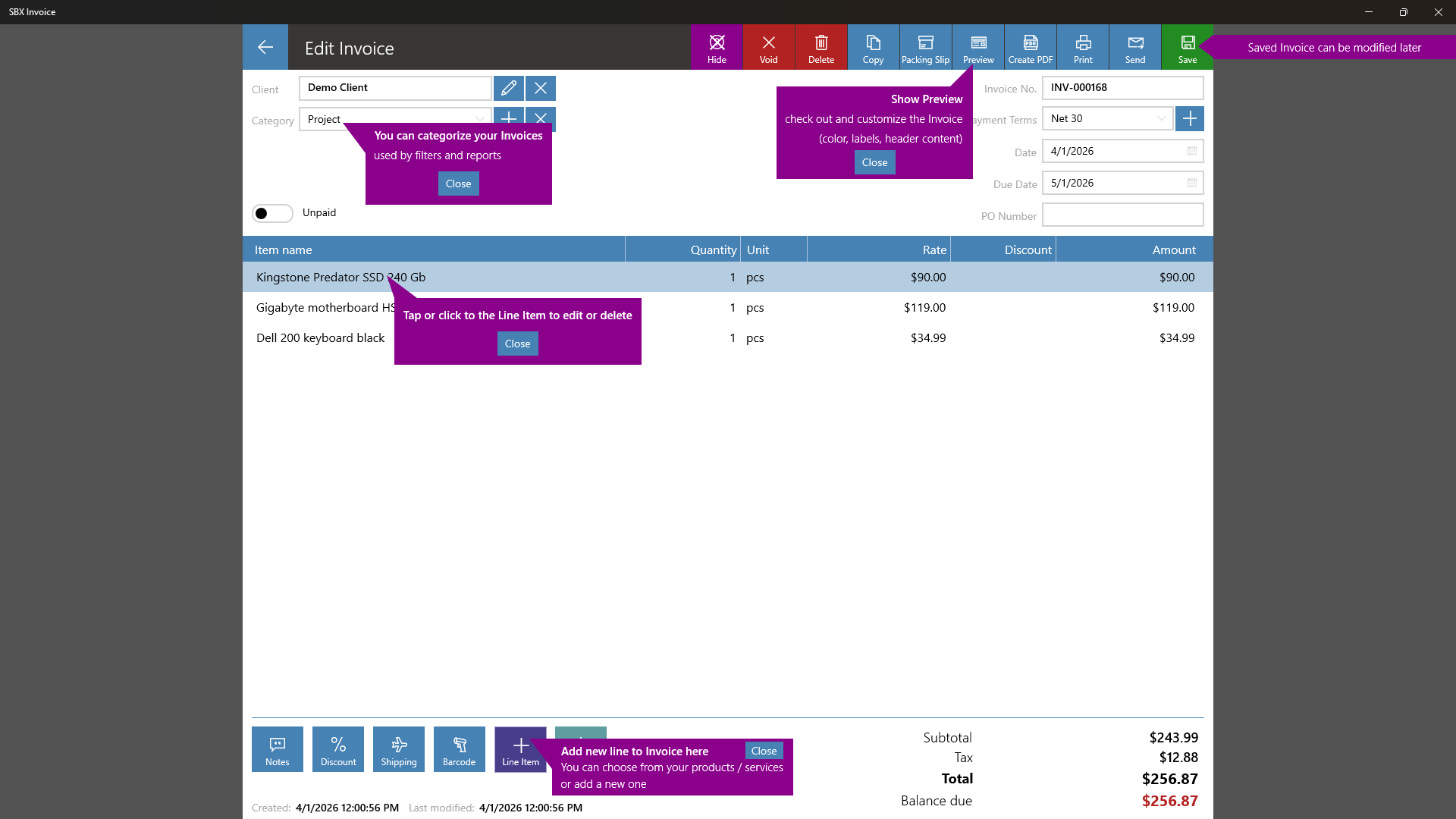 SBX Invoice screenshot