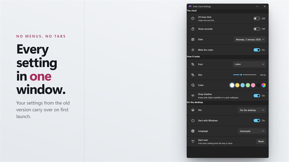 The Desk Clock settings window: time format, date, font, size, color and placement
