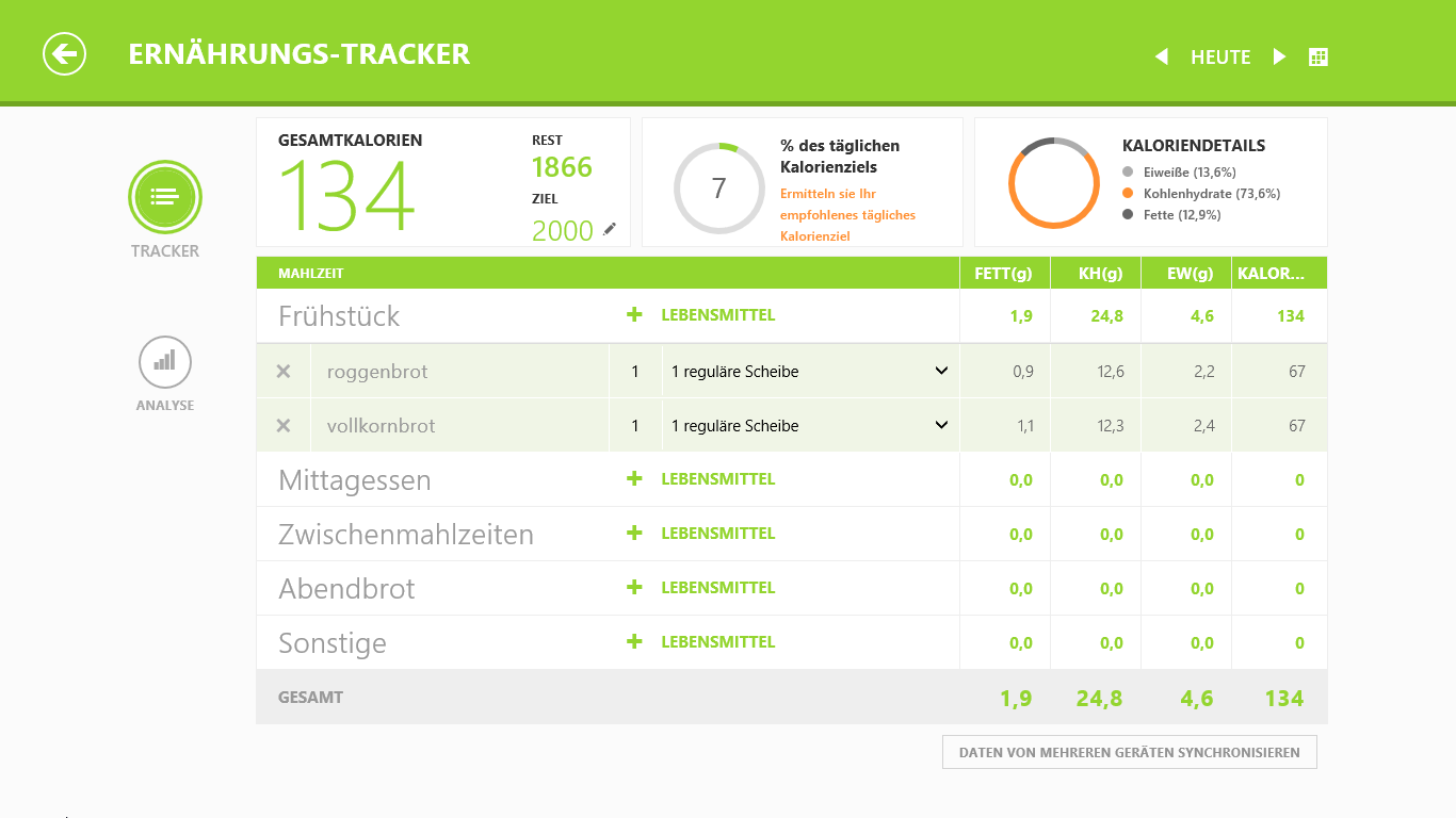 Legen Sie Ihre tägliche Kalorienaufnahme und eine Aufschlüsselung dazu fest.