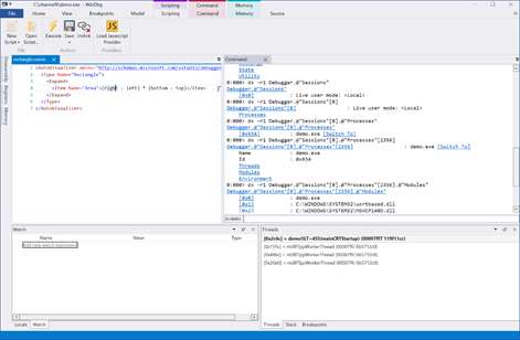 Screenshot: Edit your NatVis and JavaScript scripts right in the debugger with Intellisense and error highlighting.