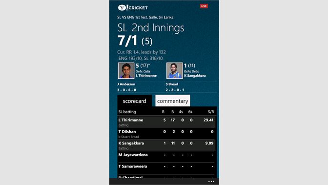 yahoo cricket mobile live score