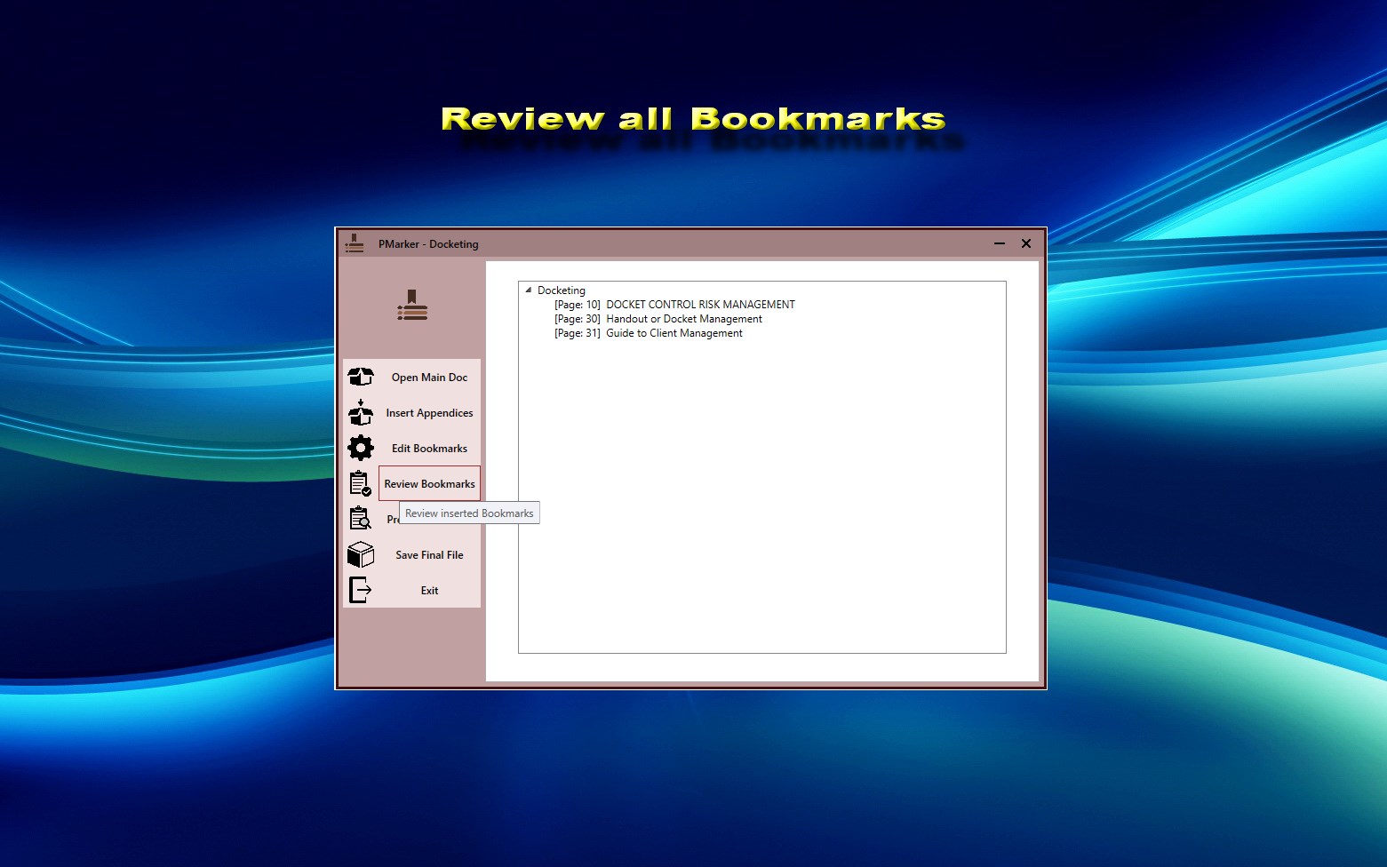 PMarker on Windows showing a main PDF document with another PDF added to it and listed as a separate bookmark.