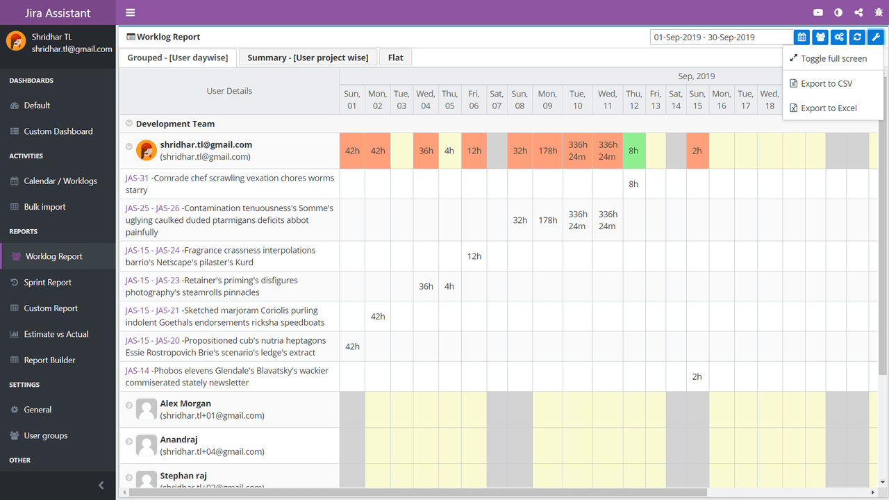 Jira Assistant: Worklog, Sprint report, etc