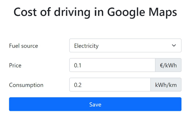 Cost of driving in Google Maps