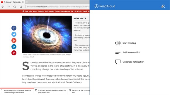 Screenshot: Quickly share content to ReadAloud