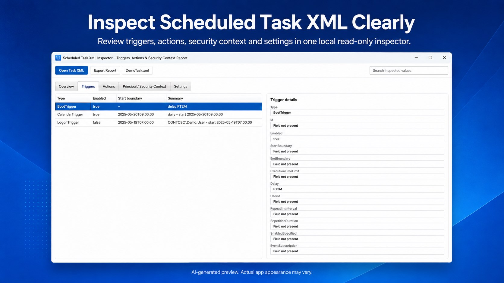 Scheduled Task XML Inspector – Triggers, Actions & Security Context Report screenshot