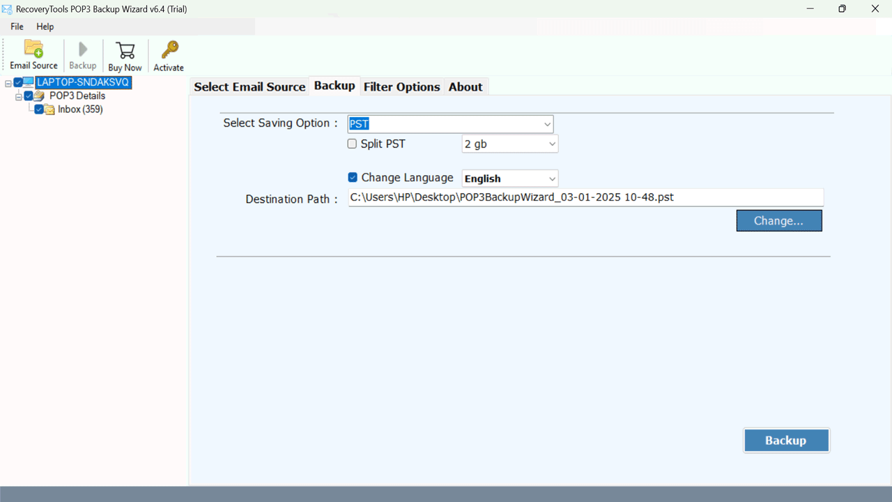 Snapshot 3 of RecoveryTools POP3 Backup Wizard