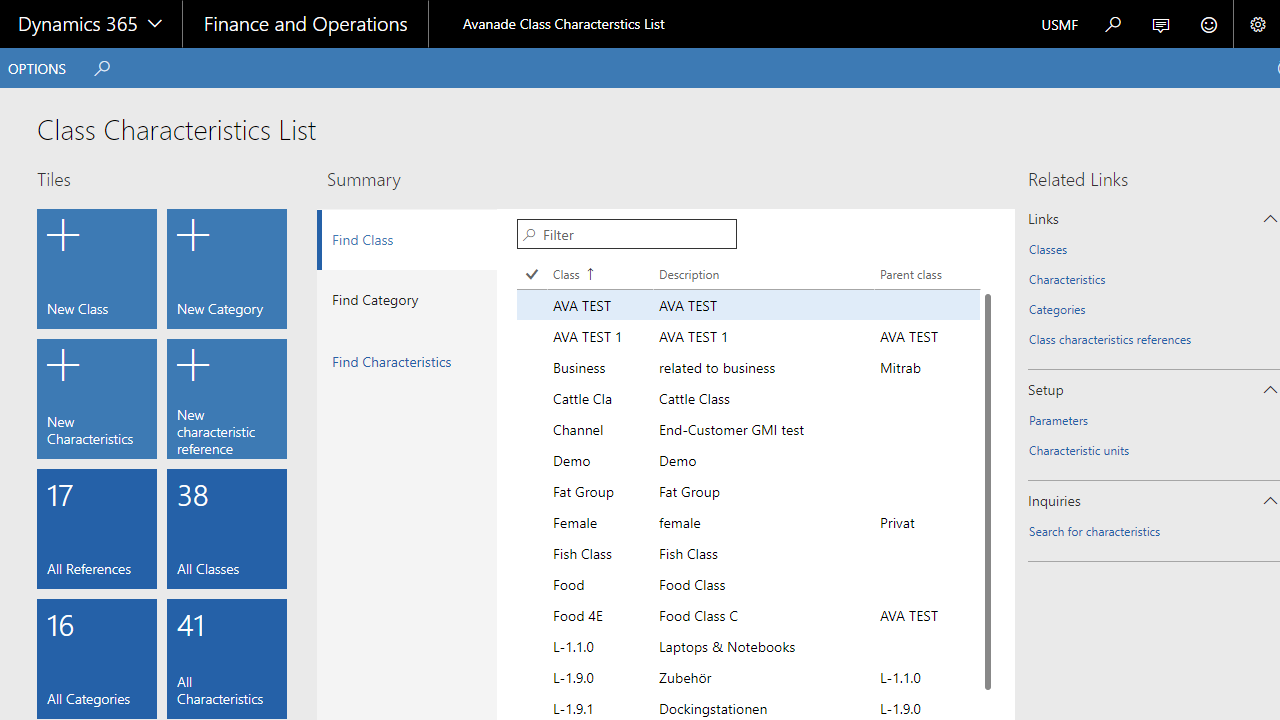 Snapshot 1 of Avanade Universal Class Characteristics List