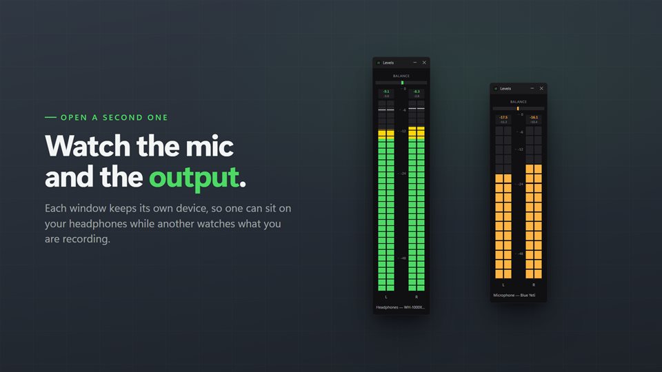 Two meters, a green one on headphones and an amber one on a microphone