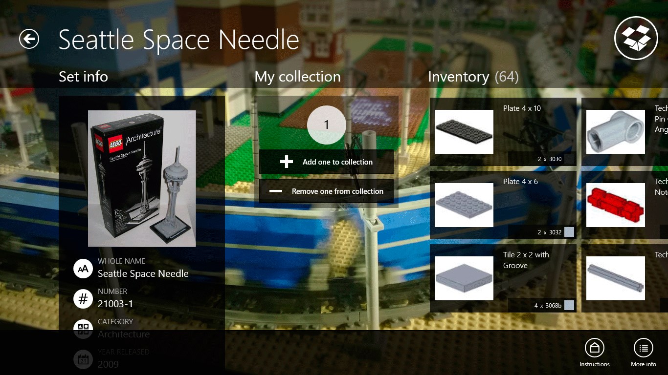 View item details, set inventories and download building instructions.