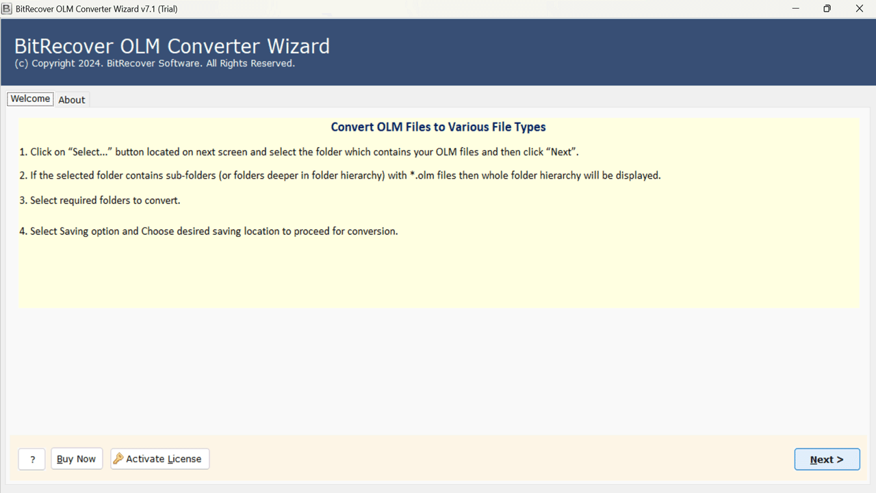 Snapshot 1 of BitRecover for OLM to HTML Converter