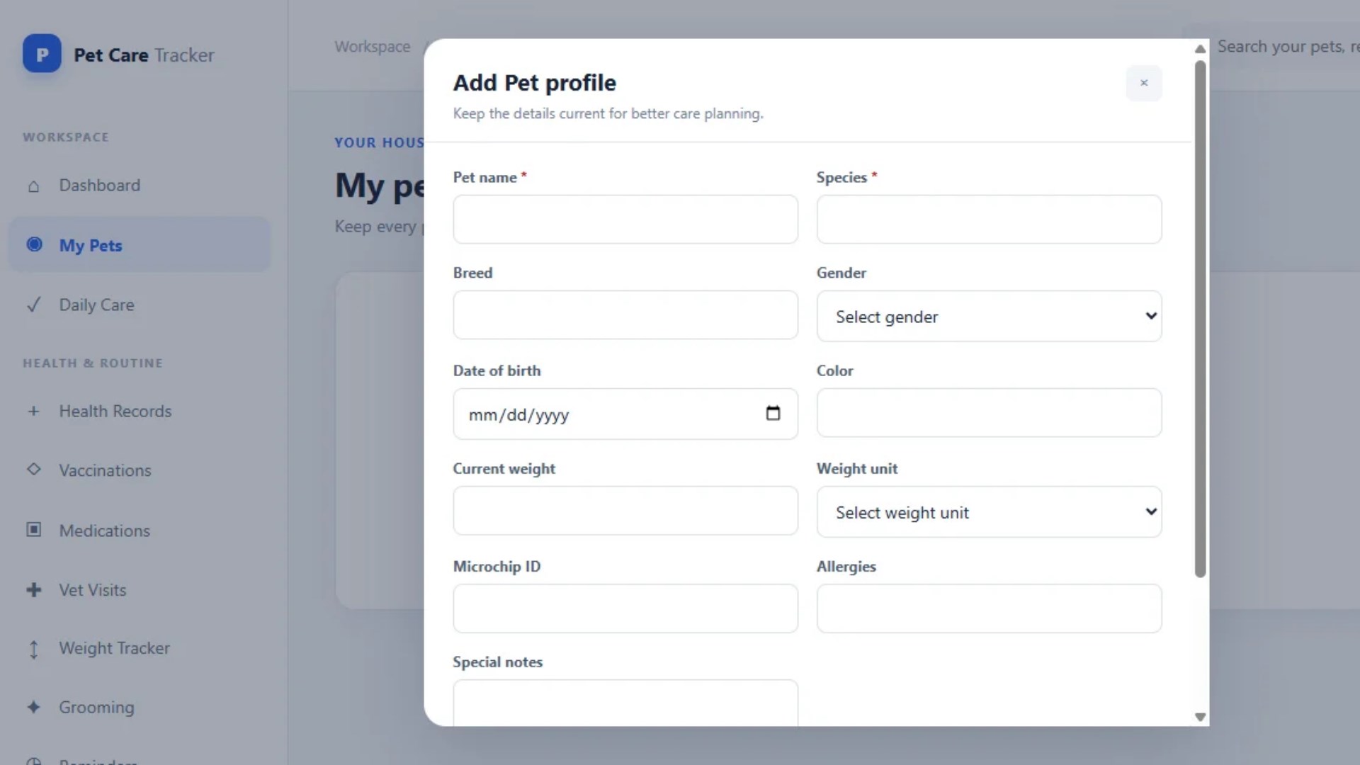 Pet Care Tracker screenshot