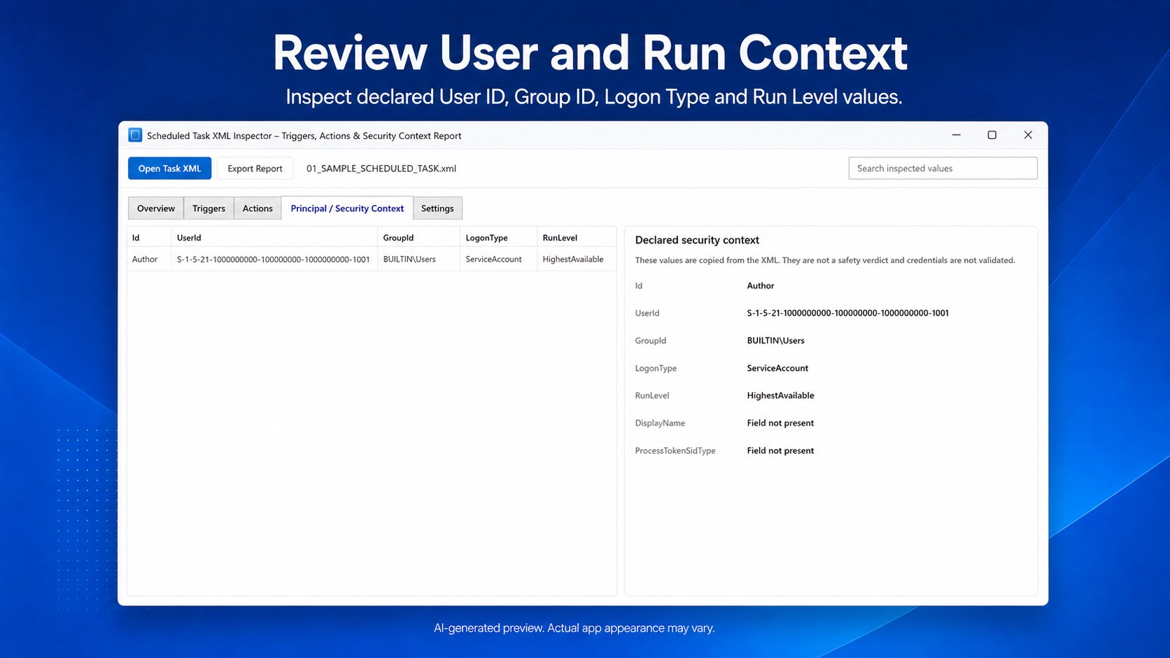 Scheduled Task XML Inspector – Triggers, Actions & Security Context Report screenshot
