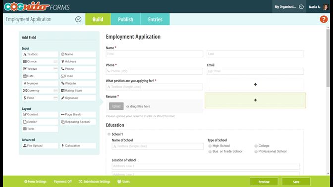 Build your form by choosing from specific field types with Cognito forms tool