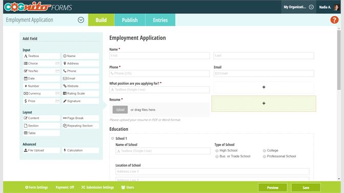 Build your form by choosing from specific field types with Cognito forms tool