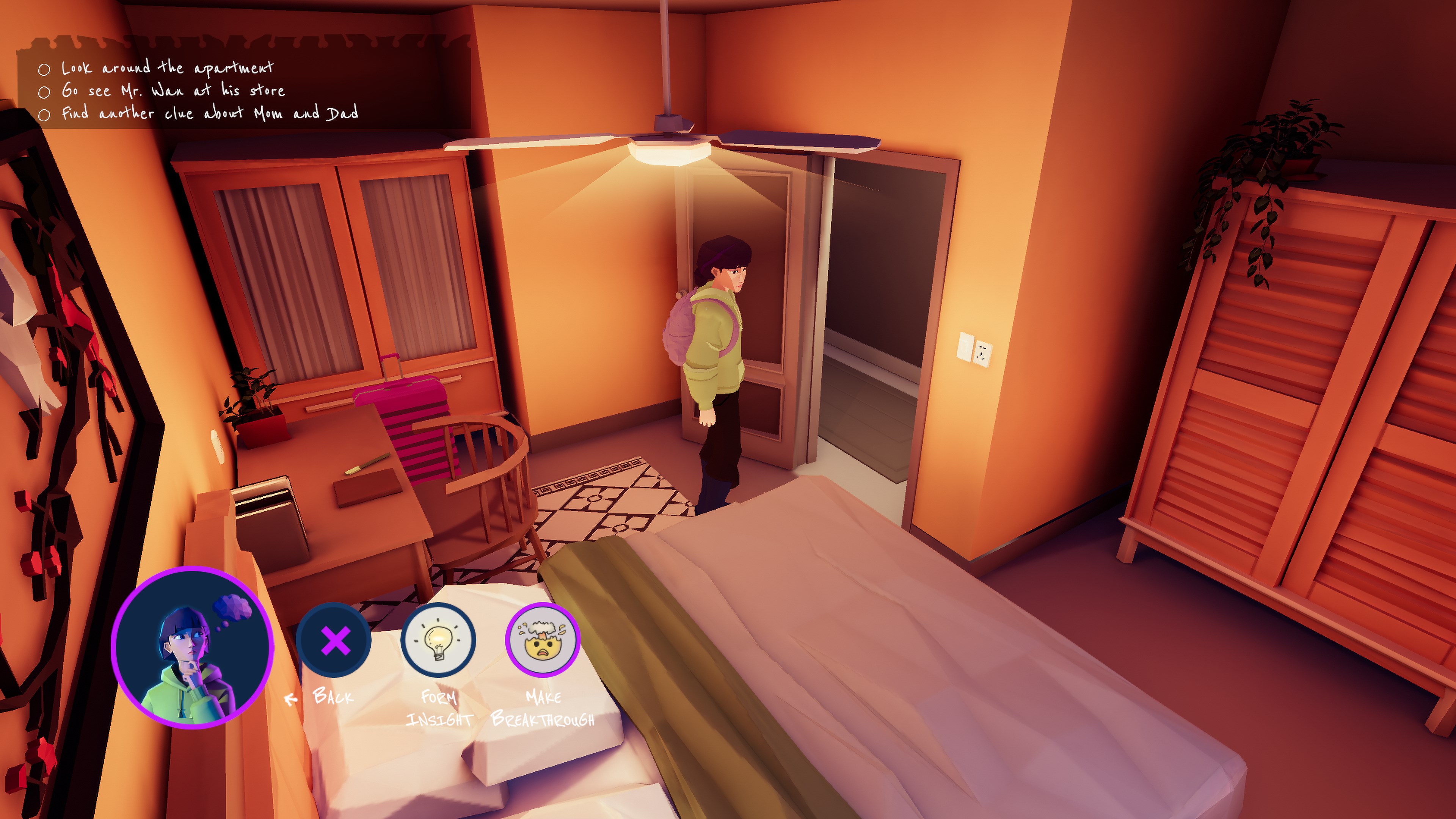 Hope searching through a room looking for clues.