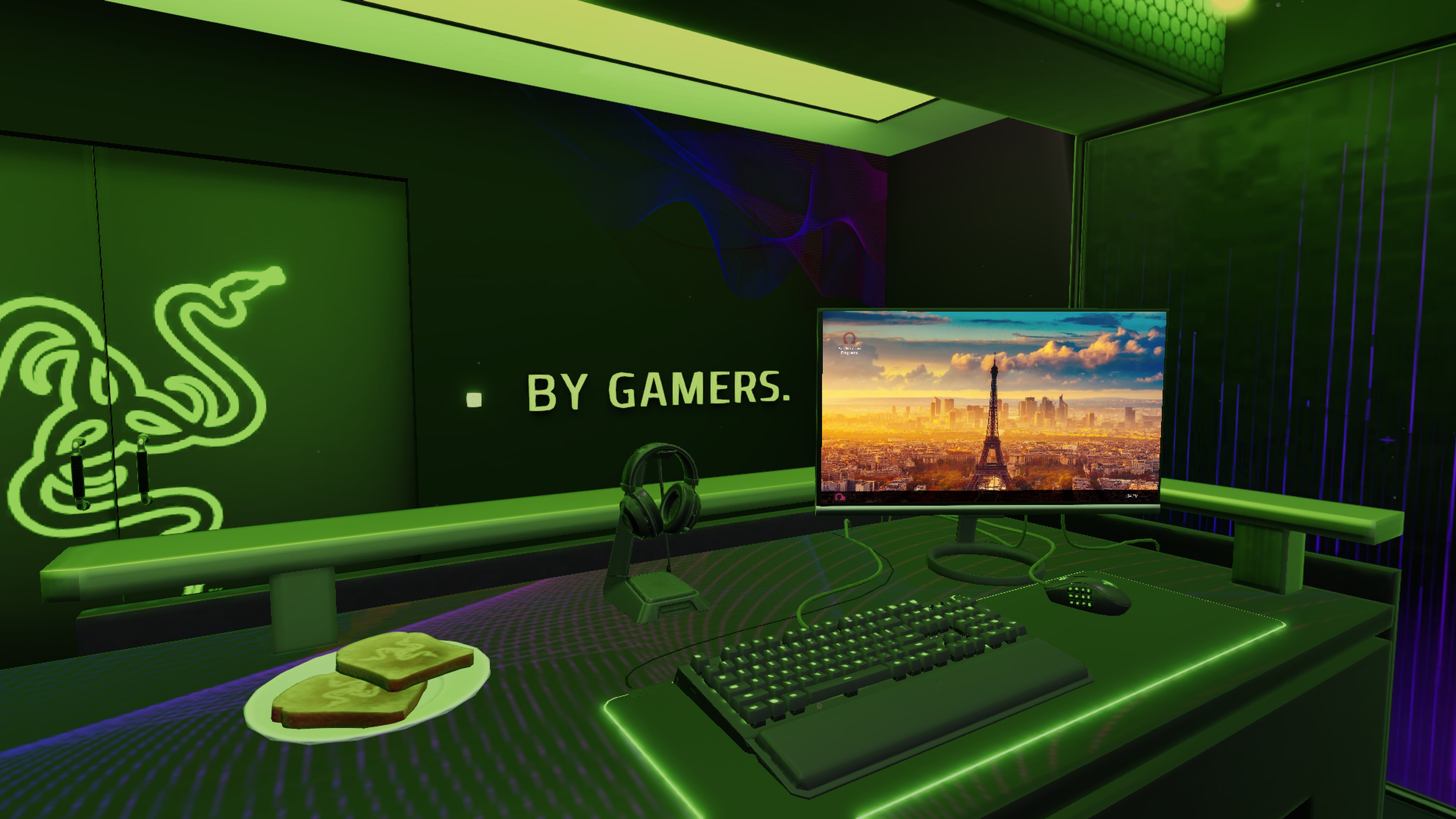 Gaming workshop. Офис Razer. PC building Simulator мастерская Razer. Стол для компьютера. Обои райзер 4к комната.