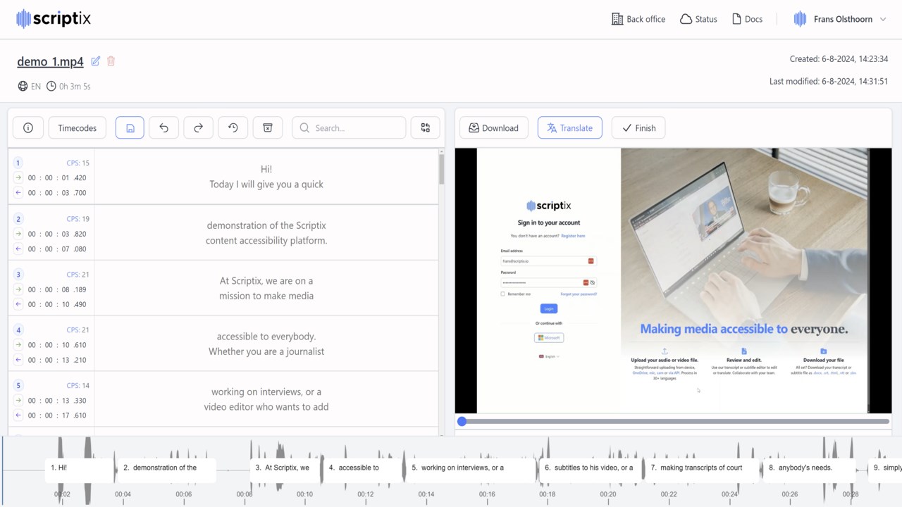 Snapshot 4 of Scriptix Accessibility Platform for automatic transcription and subtitling