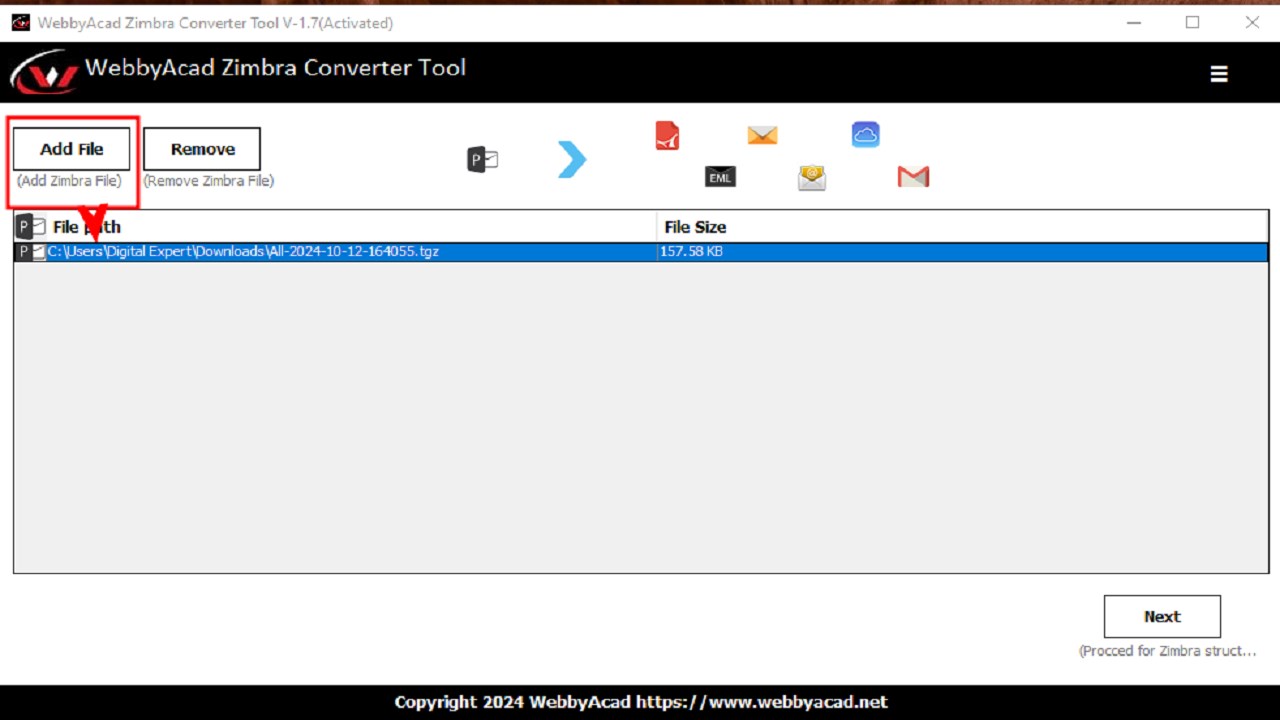Snapshot 2 of WebbyAcad Zimbra Email Converter Software