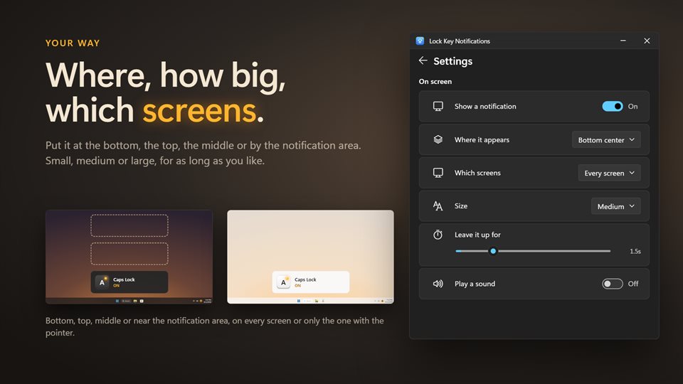 The settings page with position, screens, size, how long it stays up and an optional sound