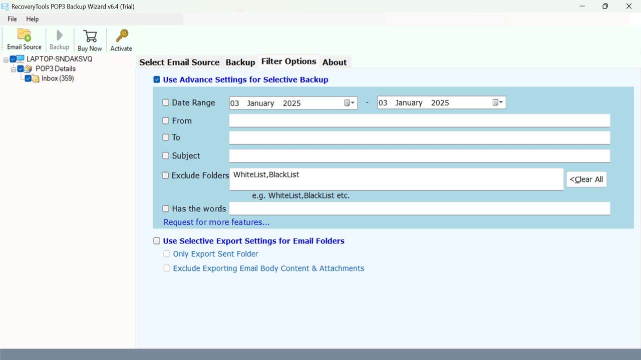 Snapshot 5 of RecoveryTools POP3 Backup Wizard