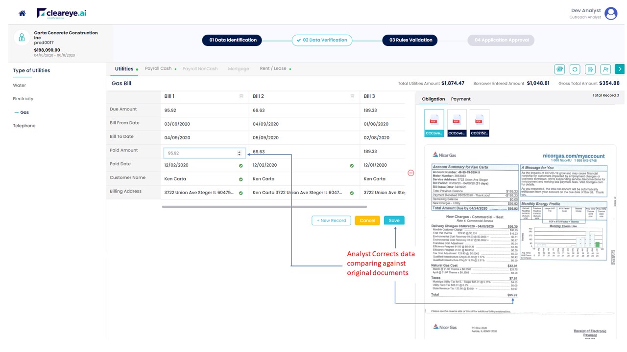 Snapshot 3 of Cleareye.ai PPP Loan Forgiveness Processing Engine