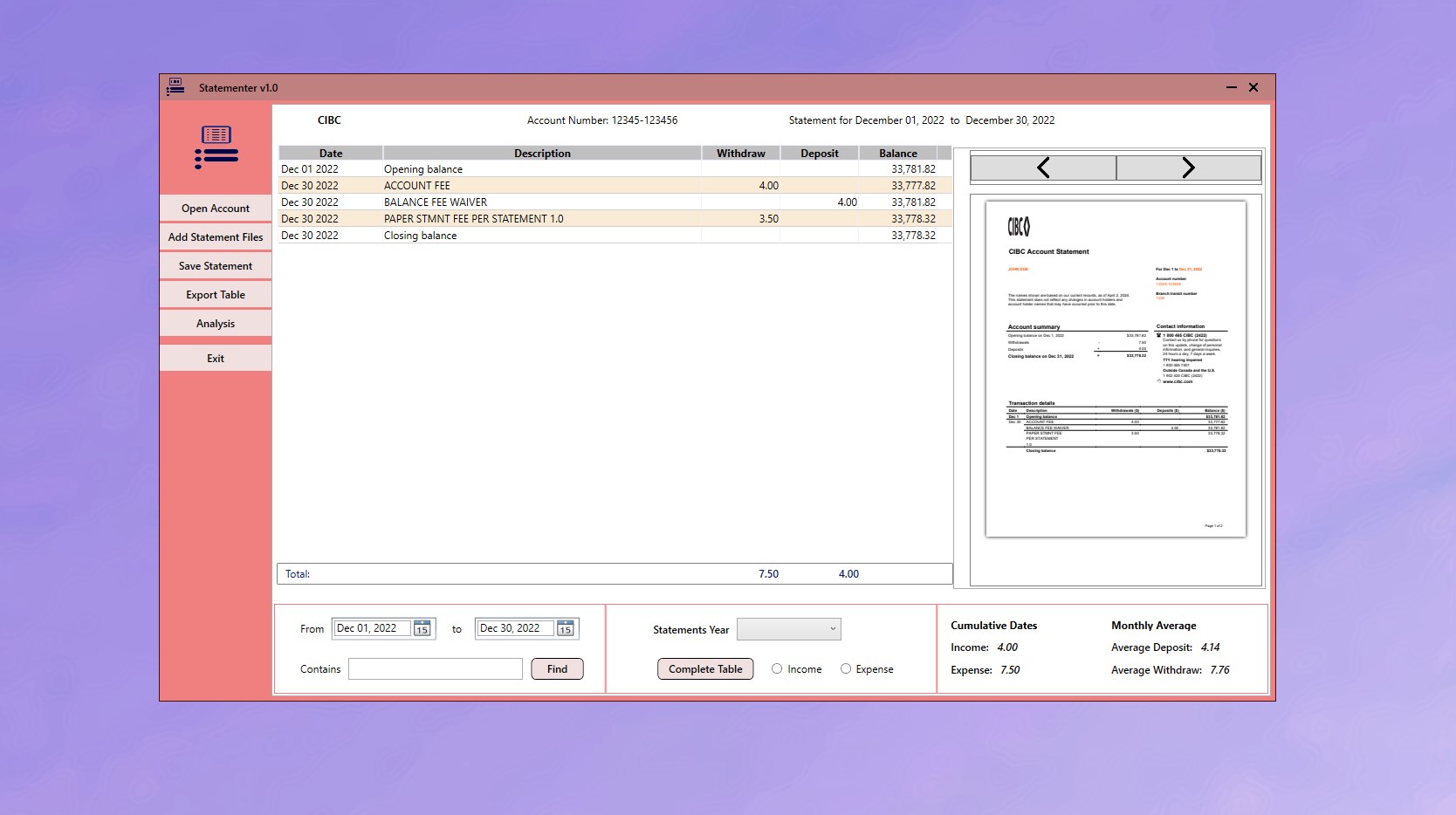 Statementer running as a desktop application on Windows, processing bank statement PDFs locally without an internet connection or upload.