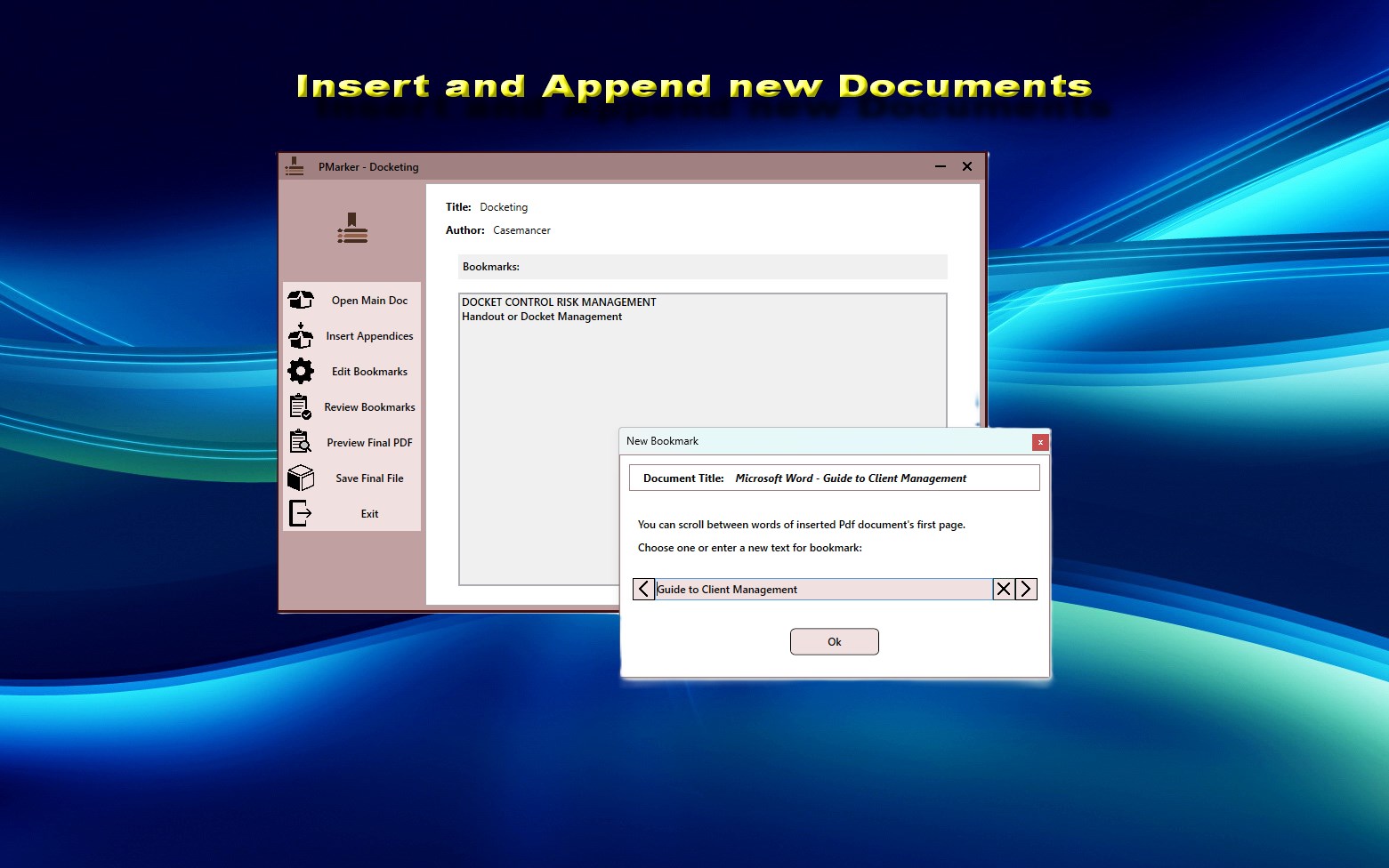 PMarker on Windows combining several PDF documents into one file, with the resulting structure shown before saving.