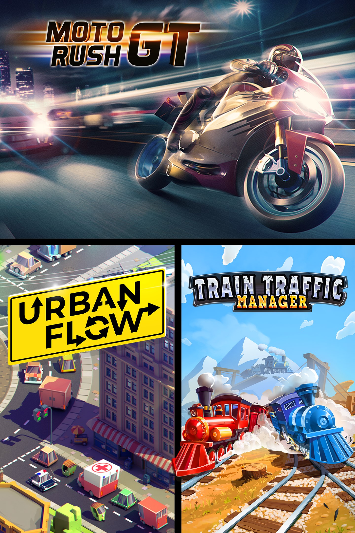 Moto Rush GT + Urban Flow + Train Traffic Manager image