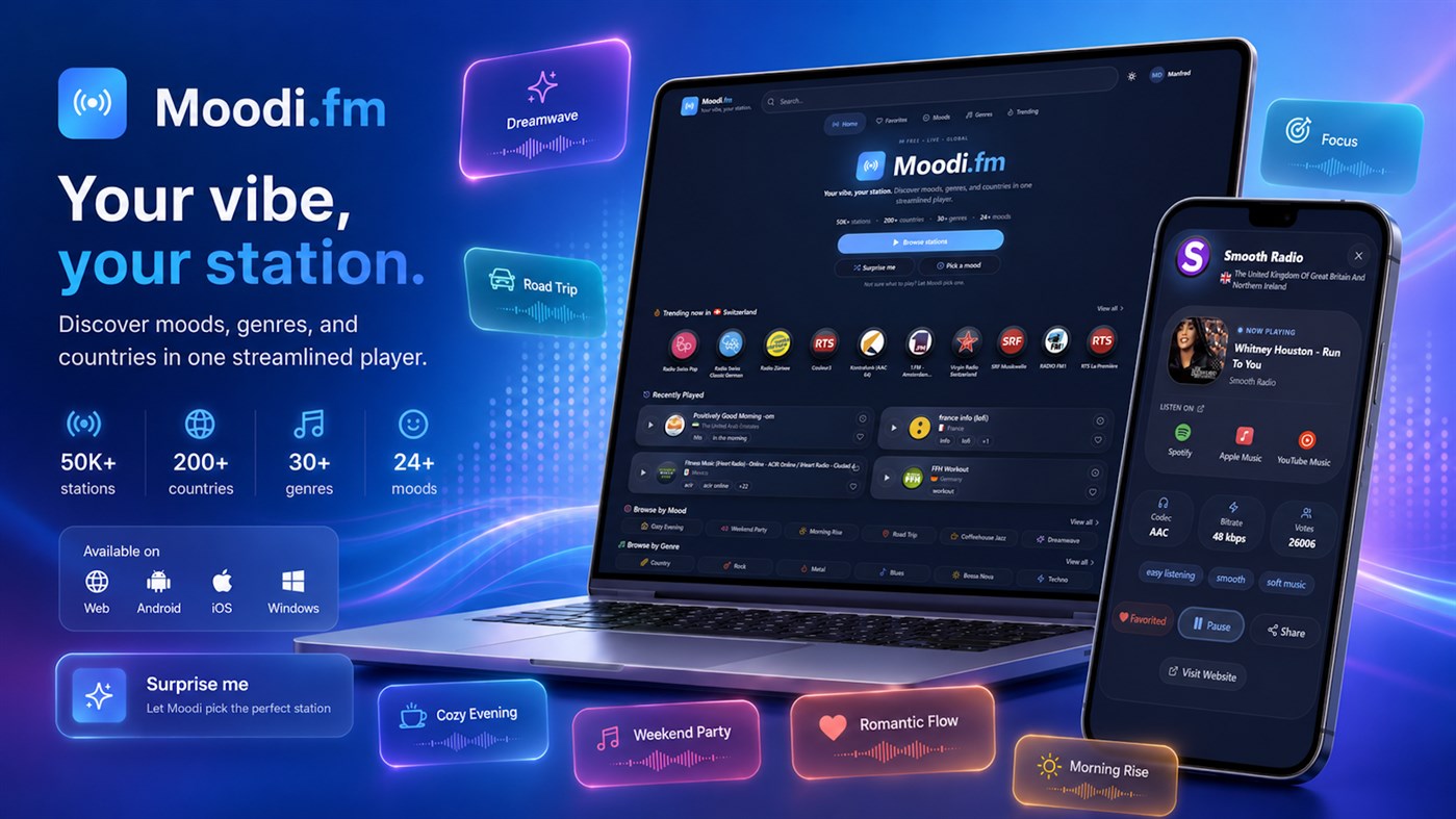 #1. Moodi.fm – Internet Radio & Music Discovery (Windows) By: CodeView