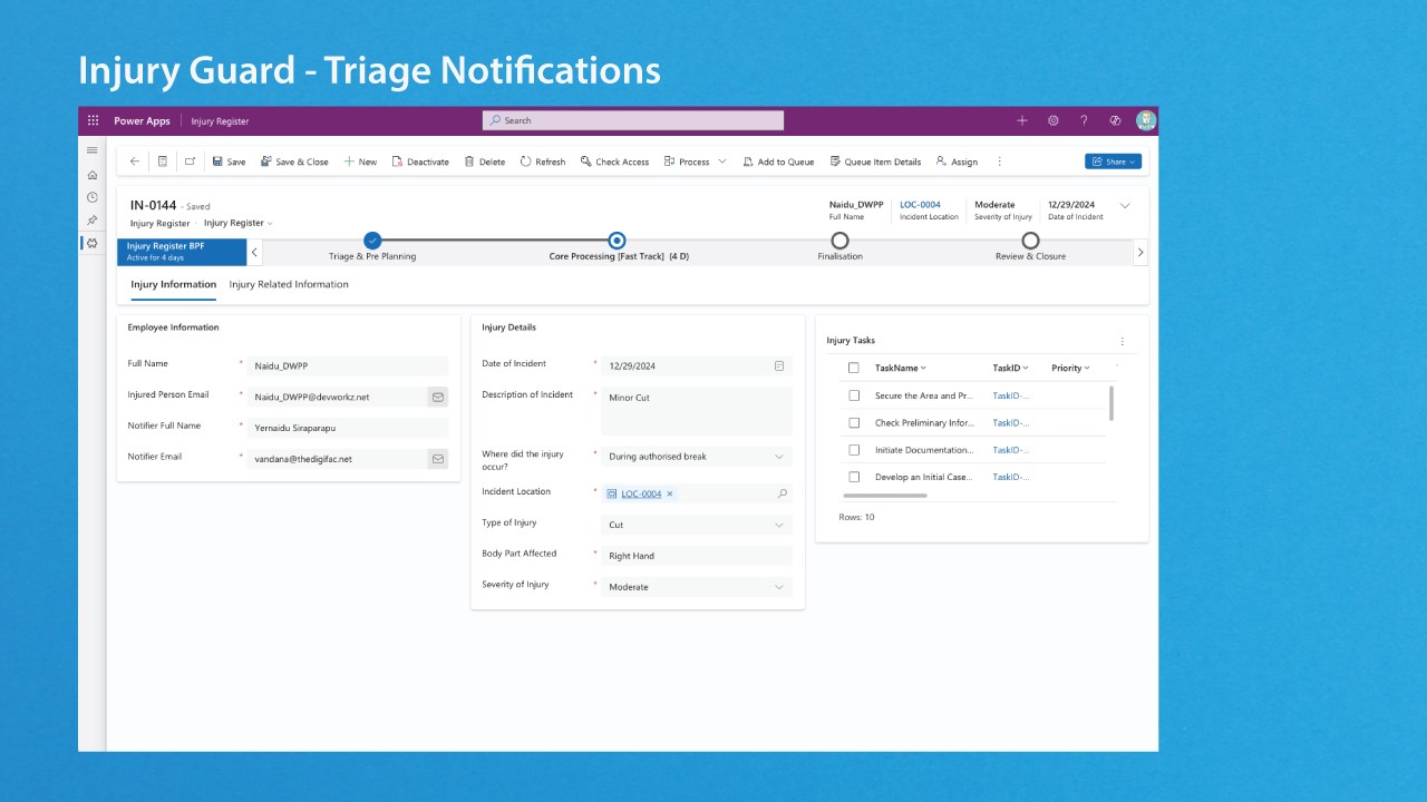 Snapshot 3 of Injury Guard helps organisations manage workplace injuries, insurance claims, and hazards.