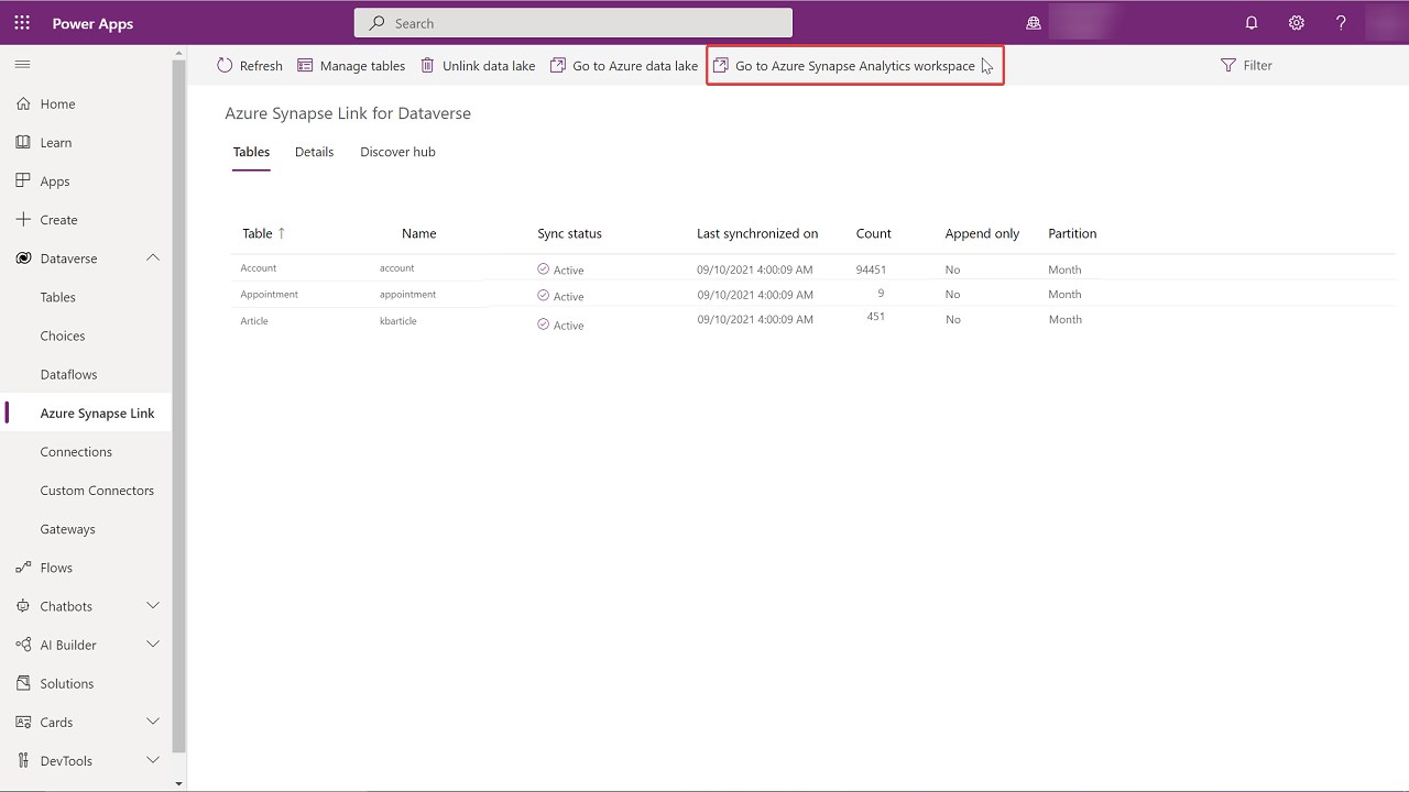 Snapshot 2 of Azure Synapse Link for Dataverse