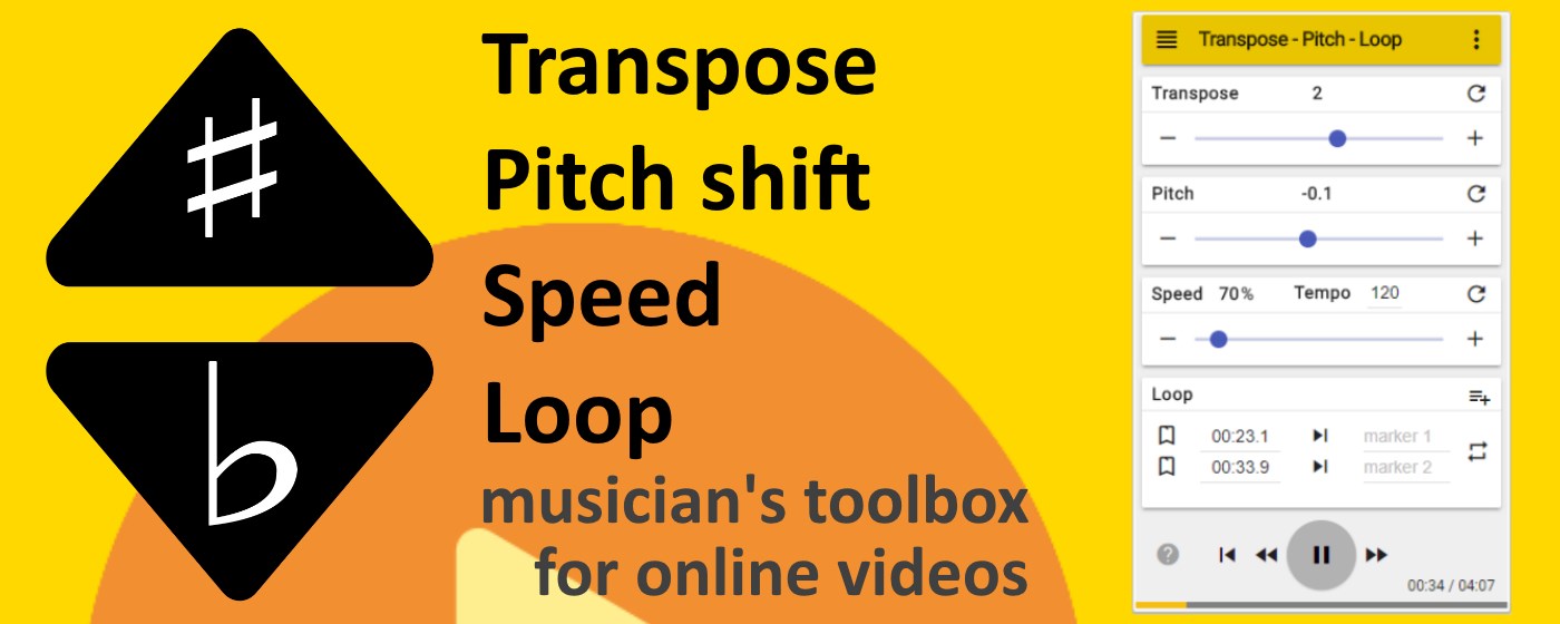 Transpose ▲▼ pitch ▹ speed ▹ loop for videos marquee promo image
