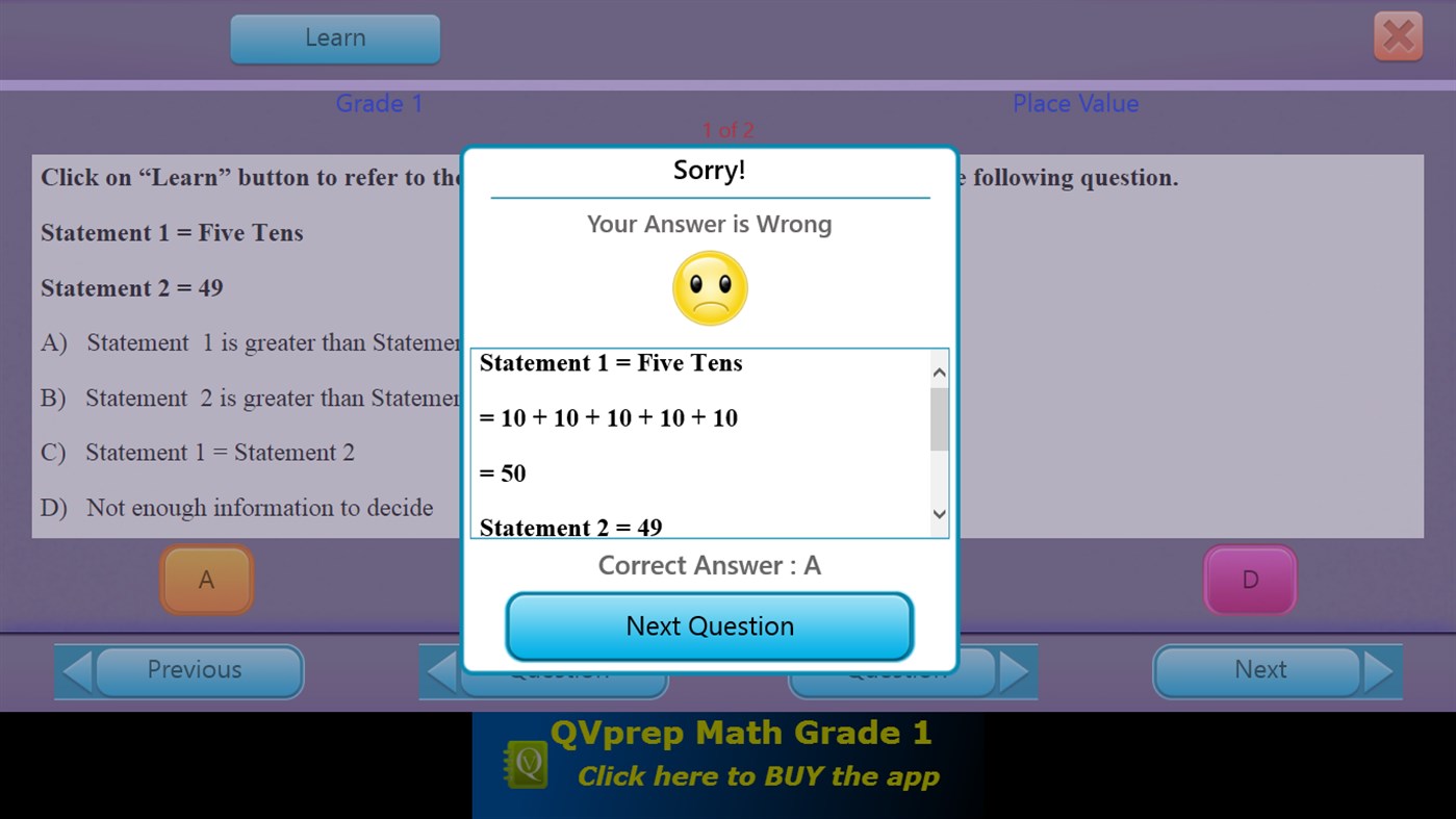 #4. QVprep Lite Learn Math Grade 1 (Windows) By: PJP Consulting LLC