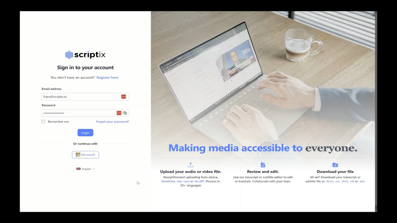 Snapshot 1 of Scriptix Accessibility Platform for automatic transcription and subtitling