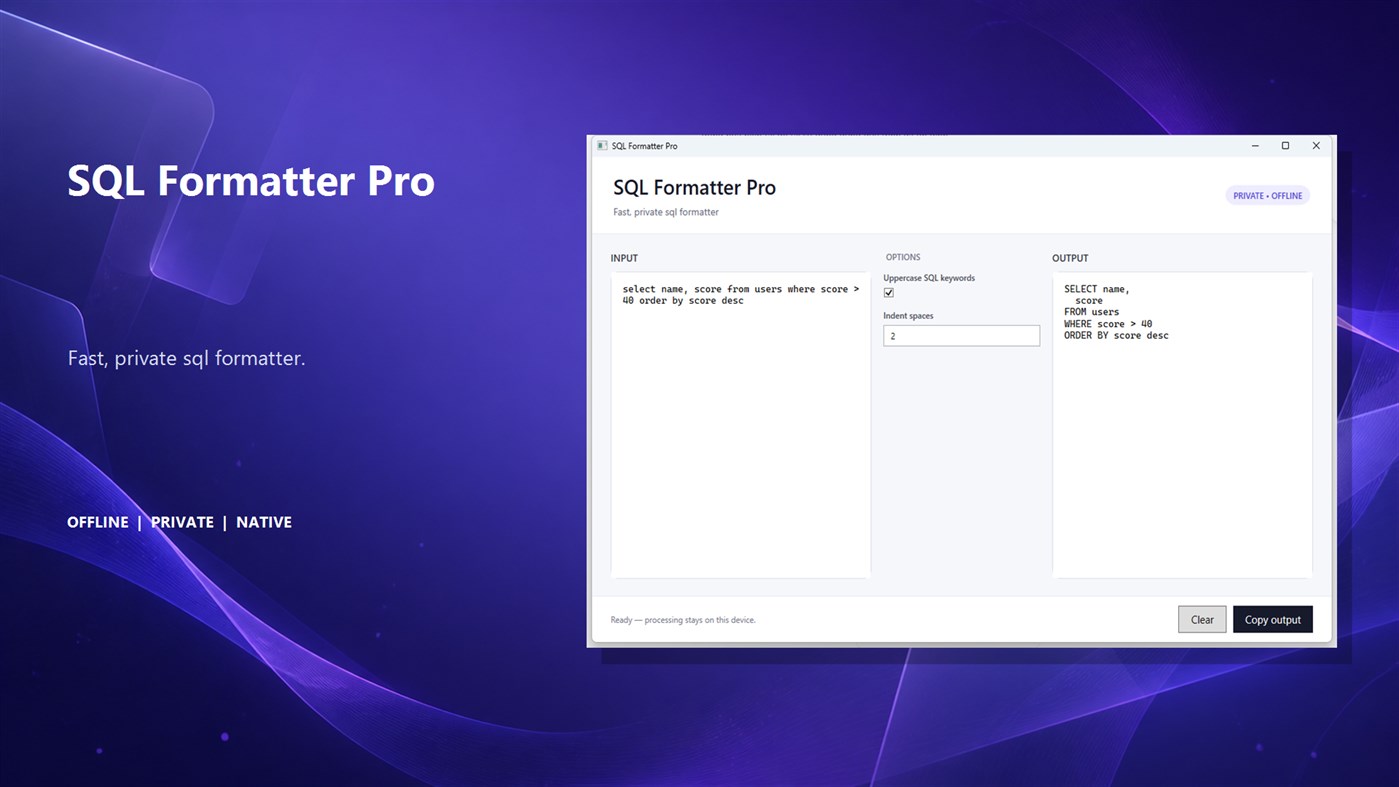 #1. SQL Formatter Pro (Windows) De: Luzala Studio