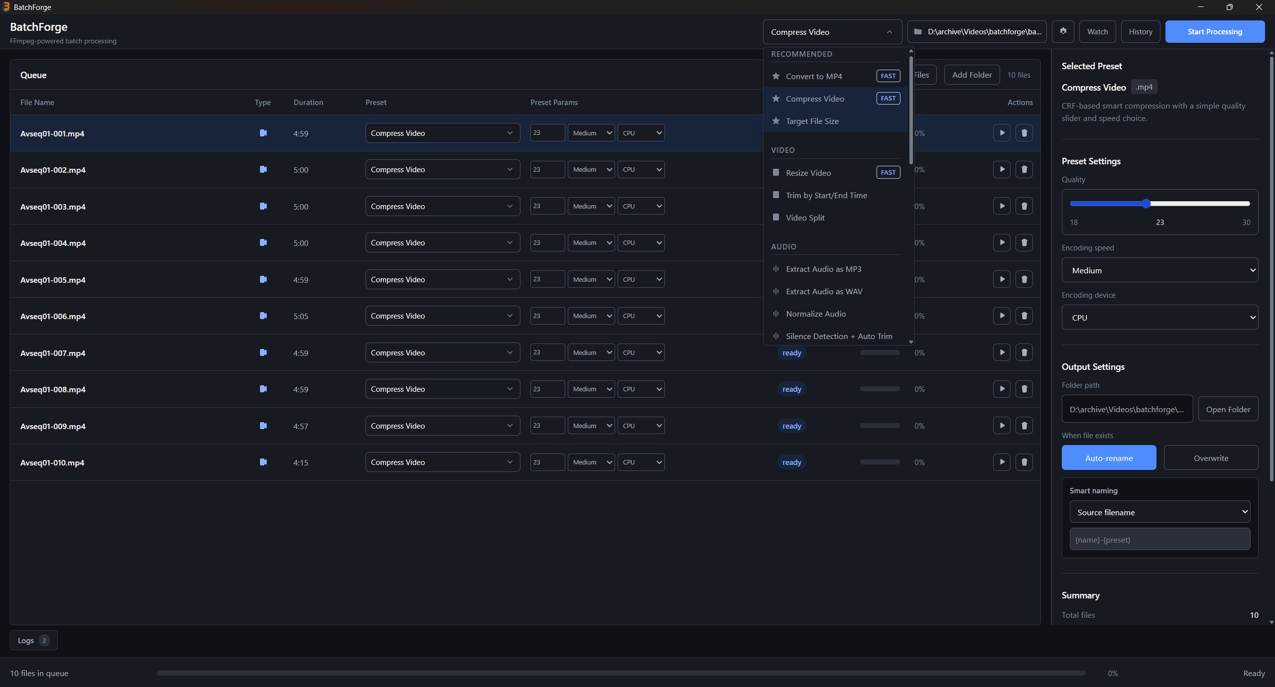 BatchForge output controls