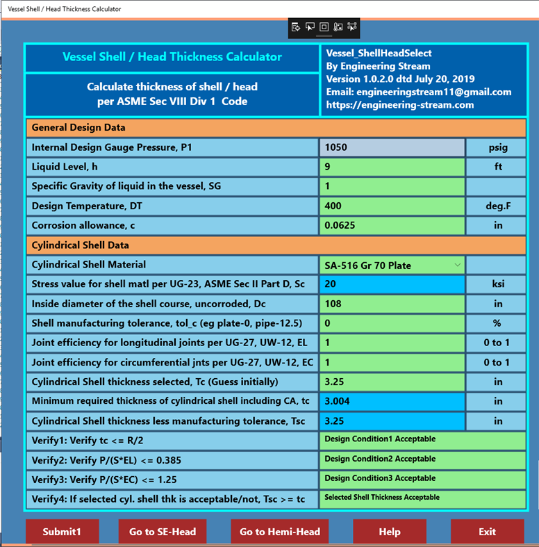 #1. Vessel Shell / Head Thickness Calculator (Windows) 来自: Engineering-Stream
