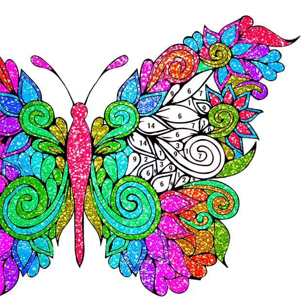 Butterfly Glitter Color by Number : Animals Coloring Book