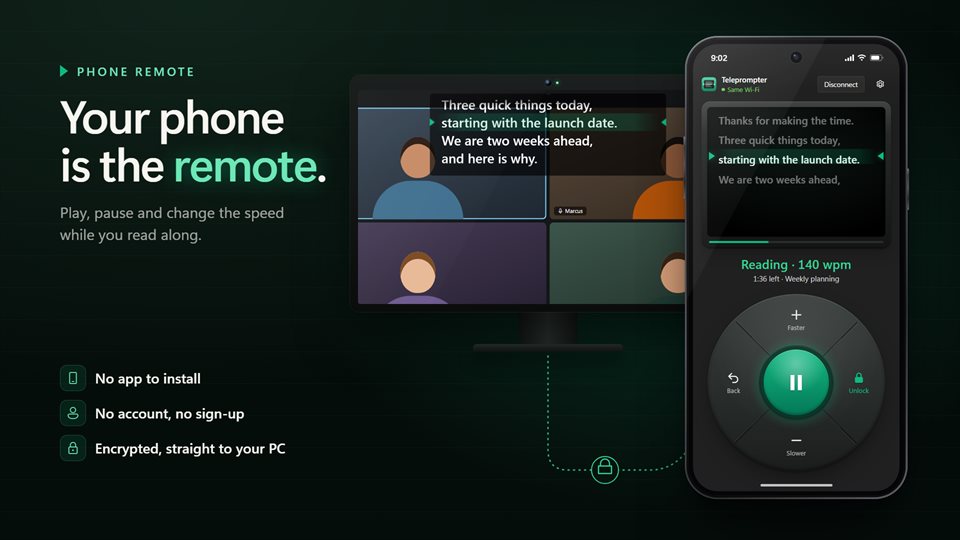 A phone showing the current lines and big play, faster, slower and back controls next to the PC
