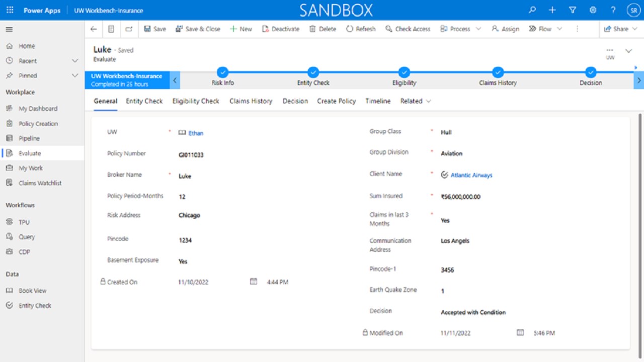 Snapshot 2 of Infosys Underwriting Workbench App