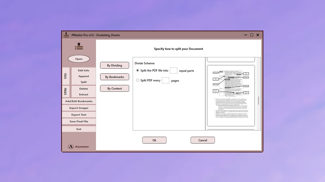 PMarker Pro on Windows splitting a batch PDF into separate files based on pages containing specific text content.