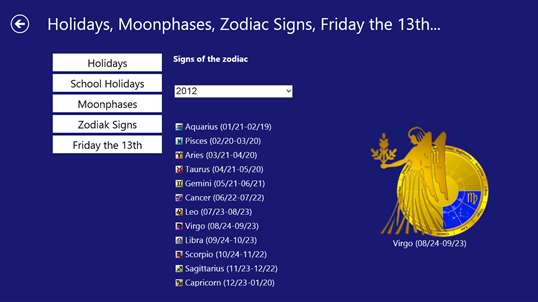 Holidays, Moonphases, Zodiak Signs, Friday the 13th... screenshot 5