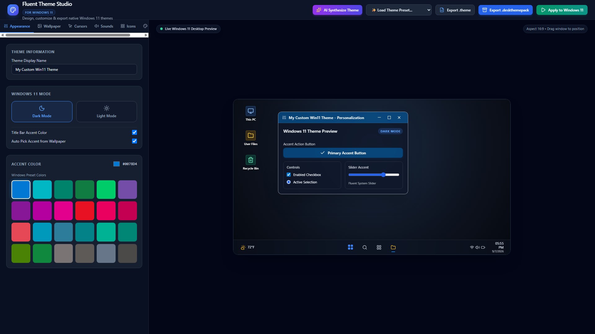 Fluent Theme Studio for Windows 11 screenshot