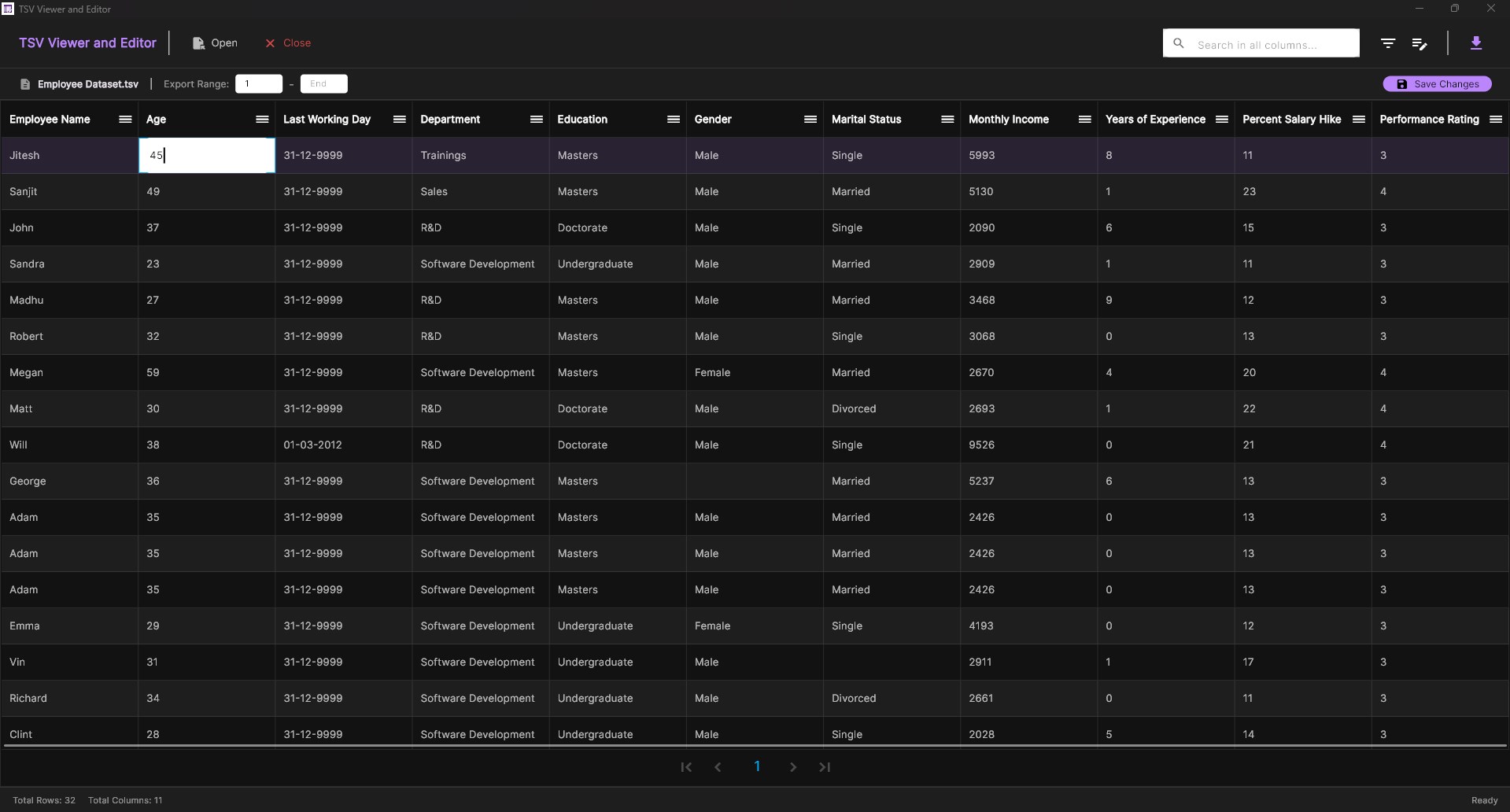 TSV Viewer and Editor screenshot