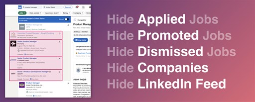 Hide Companies, Promoted, Applied Jobs on LinkedIn + AI Summarizer marquee promo image